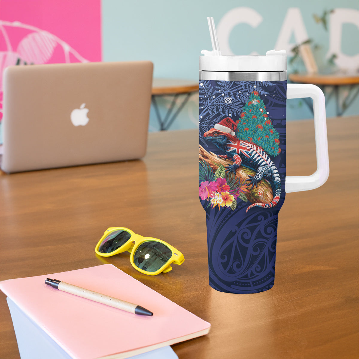 New Zealand Tuatara Christmas Tumbler With Handle Silver Fern and Xmas Pohutukawa Tree Blue Color LT03 - Polynesian Pride