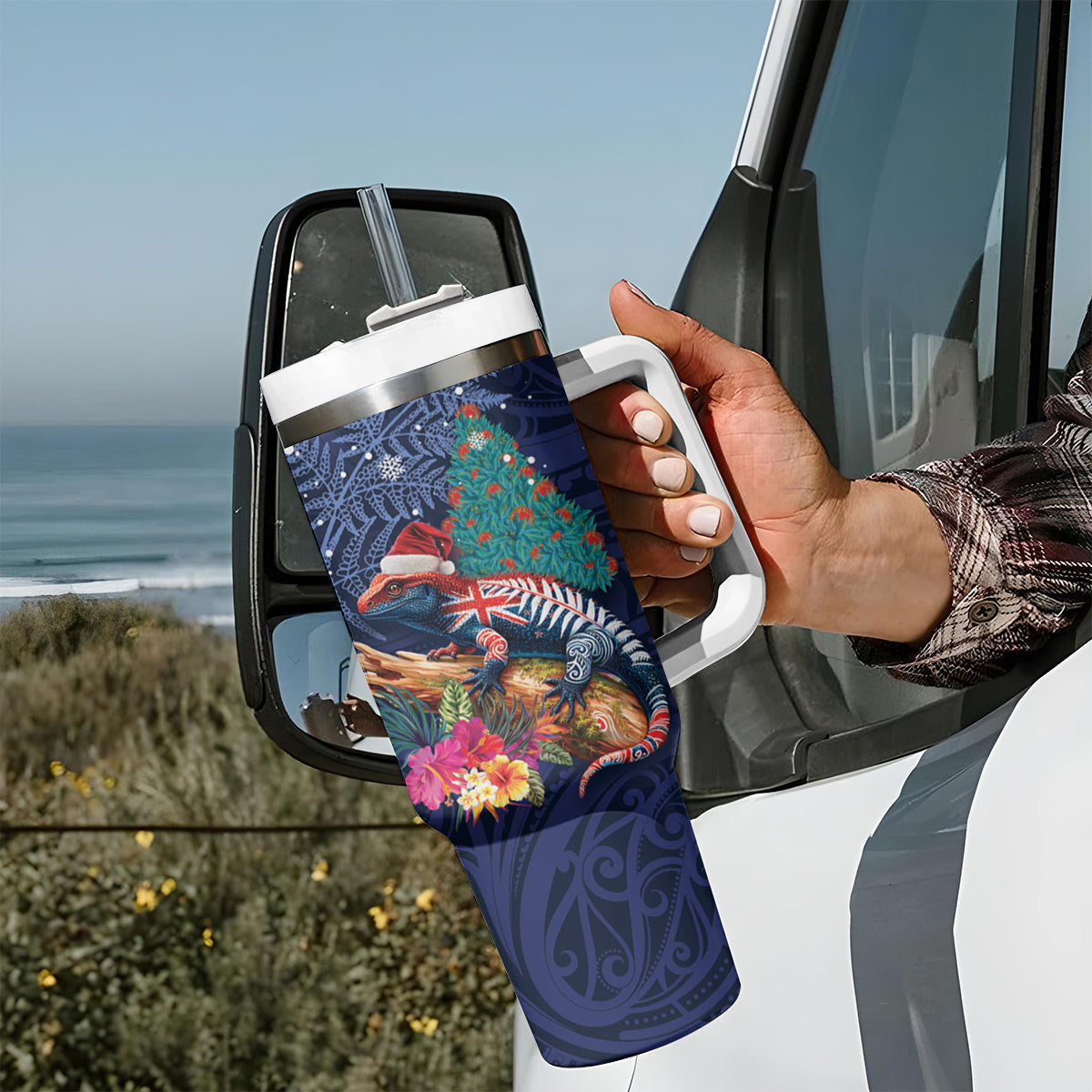 New Zealand Tuatara Christmas Tumbler With Handle Silver Fern and Xmas Pohutukawa Tree Blue Color LT03 - Polynesian Pride