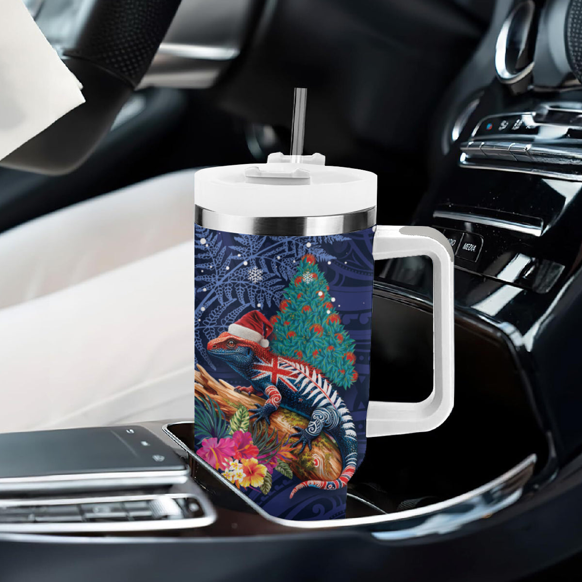 New Zealand Tuatara Christmas Tumbler With Handle Silver Fern and Xmas Pohutukawa Tree Blue Color LT03 - Polynesian Pride