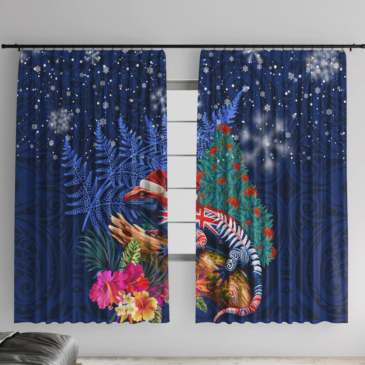 New Zealand Tuatara Christmas Window Curtain Silver Fern and Xmas Pohutukawa Tree Blue Color LT03 With Hooks Blue - Polynesian Pride