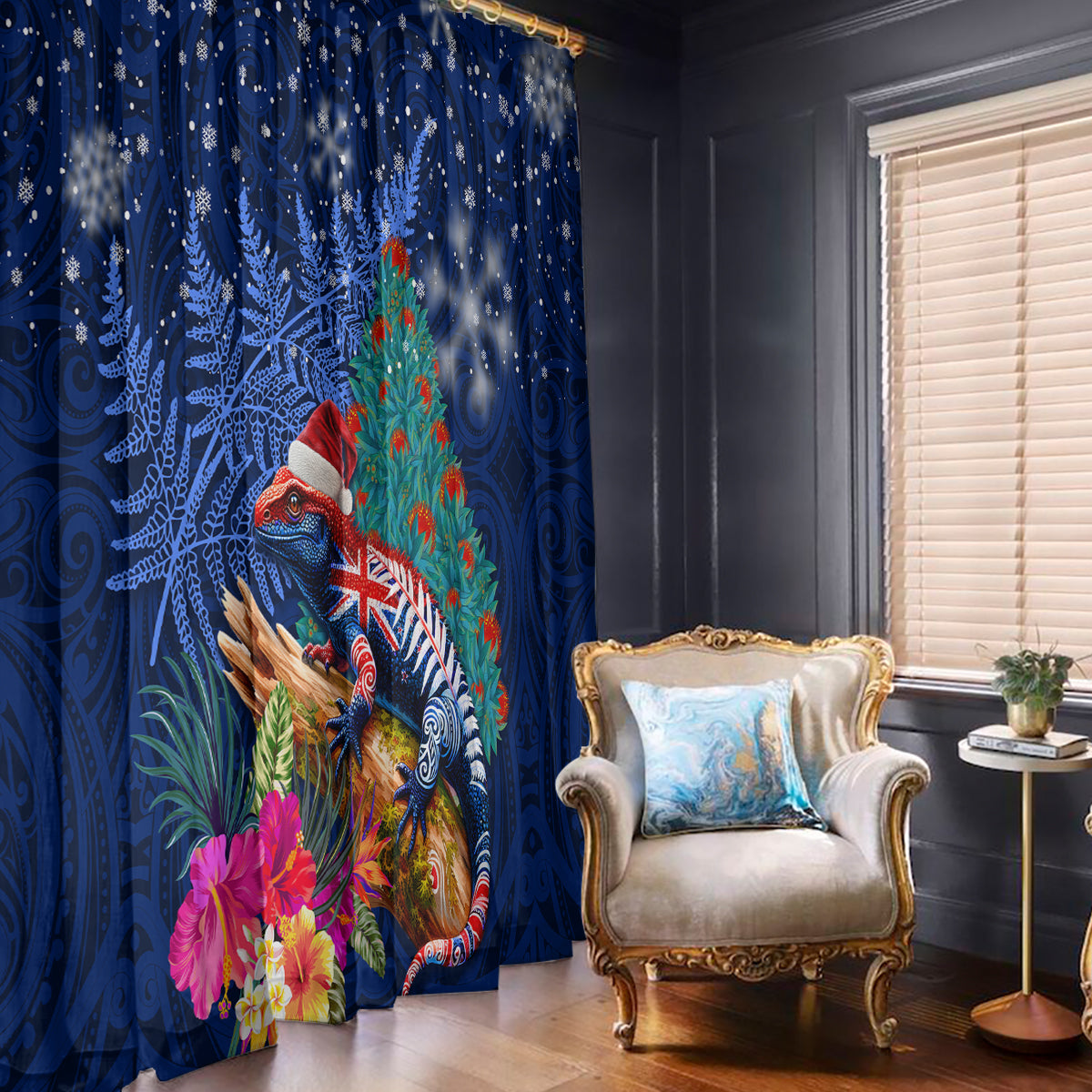 New Zealand Tuatara Christmas Window Curtain Silver Fern and Xmas Pohutukawa Tree Blue Color LT03 - Polynesian Pride