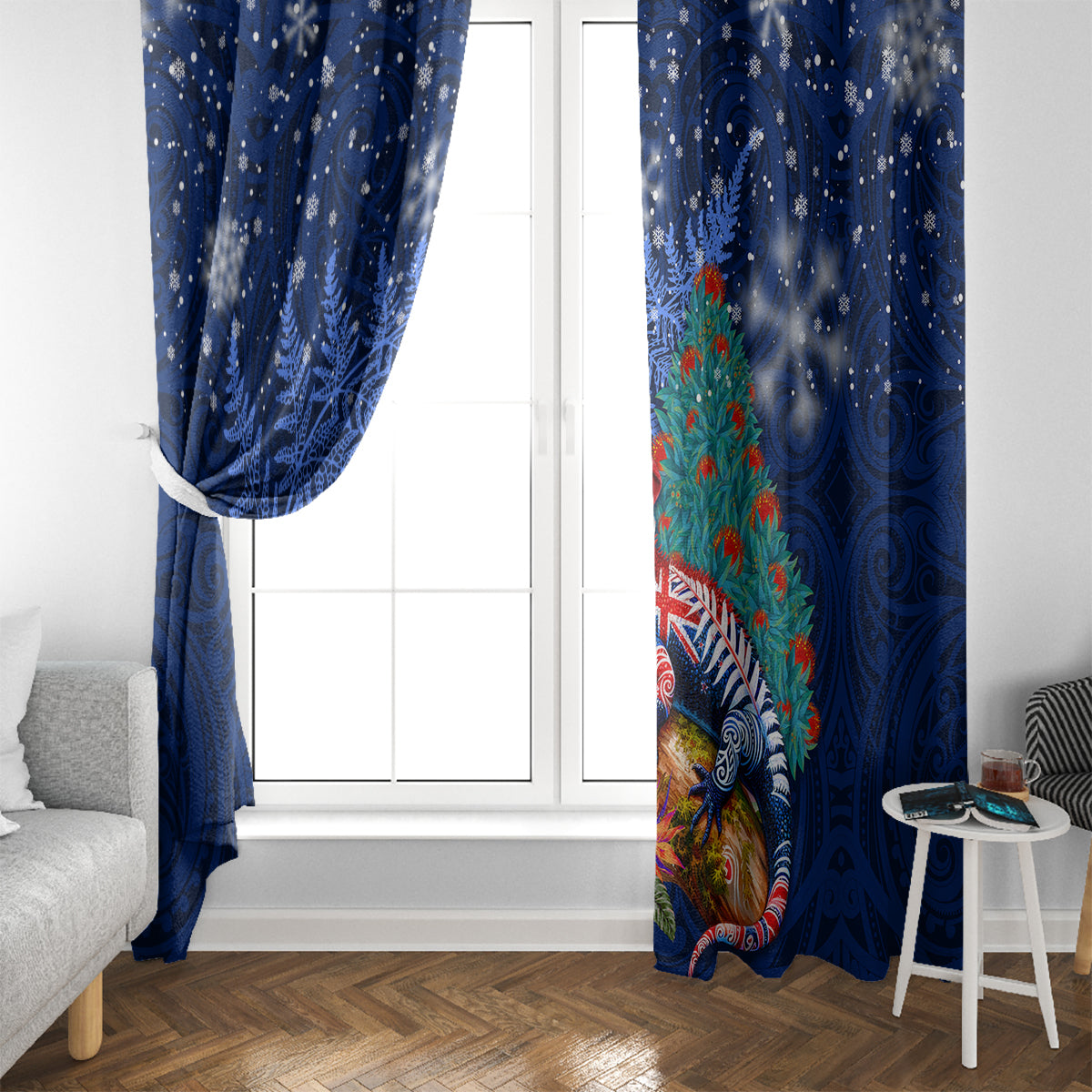 New Zealand Tuatara Christmas Window Curtain Silver Fern and Xmas Pohutukawa Tree Blue Color LT03 - Polynesian Pride