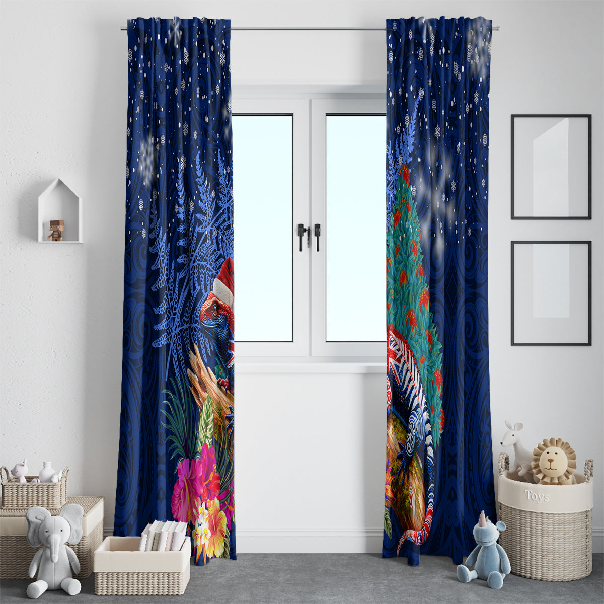 New Zealand Tuatara Christmas Window Curtain Silver Fern and Xmas Pohutukawa Tree Blue Color LT03 - Polynesian Pride