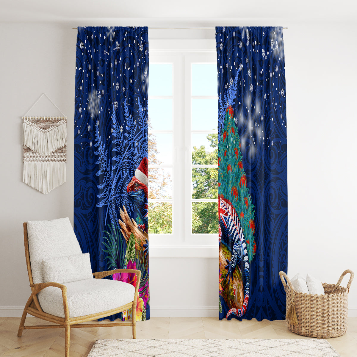 New Zealand Tuatara Christmas Window Curtain Silver Fern and Xmas Pohutukawa Tree Blue Color LT03 - Polynesian Pride