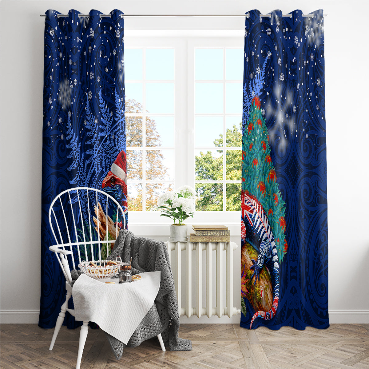 New Zealand Tuatara Christmas Window Curtain Silver Fern and Xmas Pohutukawa Tree Blue Color LT03 - Polynesian Pride