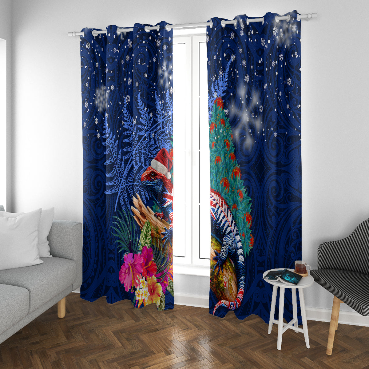 New Zealand Tuatara Christmas Window Curtain Silver Fern and Xmas Pohutukawa Tree Blue Color LT03 With Grommets Blue - Polynesian Pride