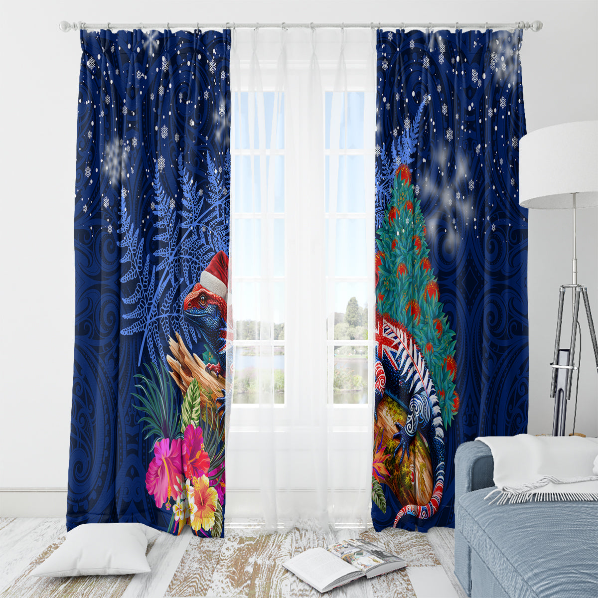 New Zealand Tuatara Christmas Window Curtain Silver Fern and Xmas Pohutukawa Tree Blue Color LT03 - Polynesian Pride
