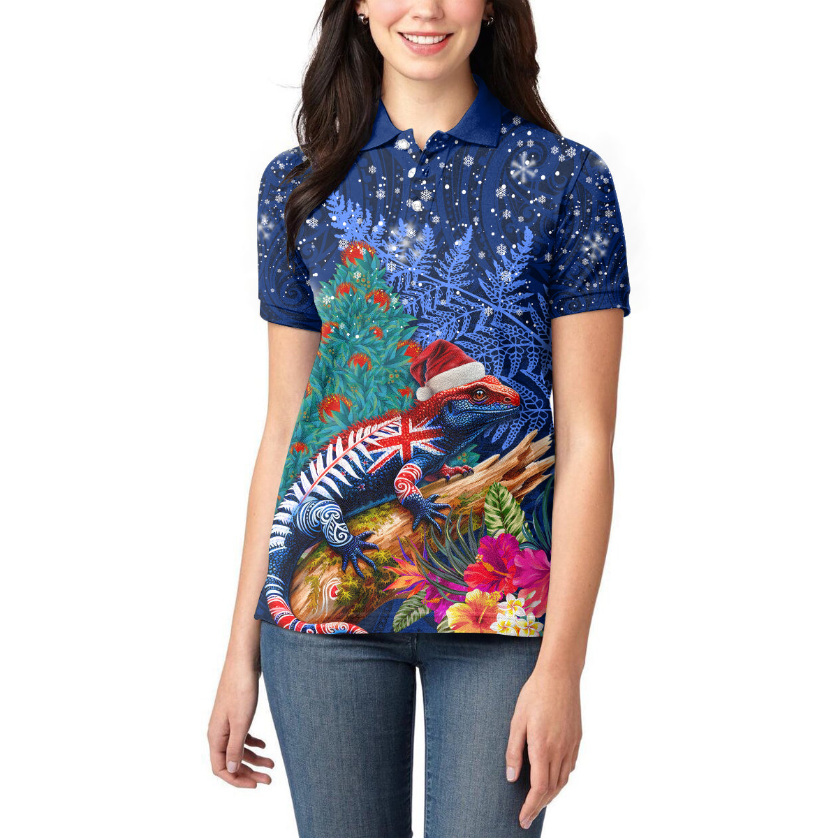 New Zealand Tuatara Christmas Women Polo Shirt Silver Fern and Xmas Pohutukawa Tree Blue Color