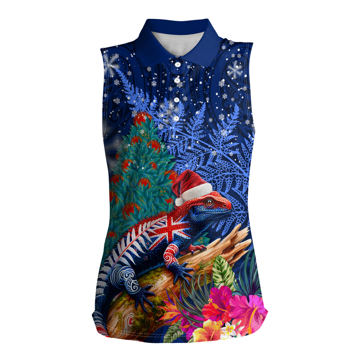 New Zealand Tuatara Christmas Women Sleeveless Polo Shirt Silver Fern and Xmas Pohutukawa Tree Blue Color LT03 Female Blue - Polynesian Pride