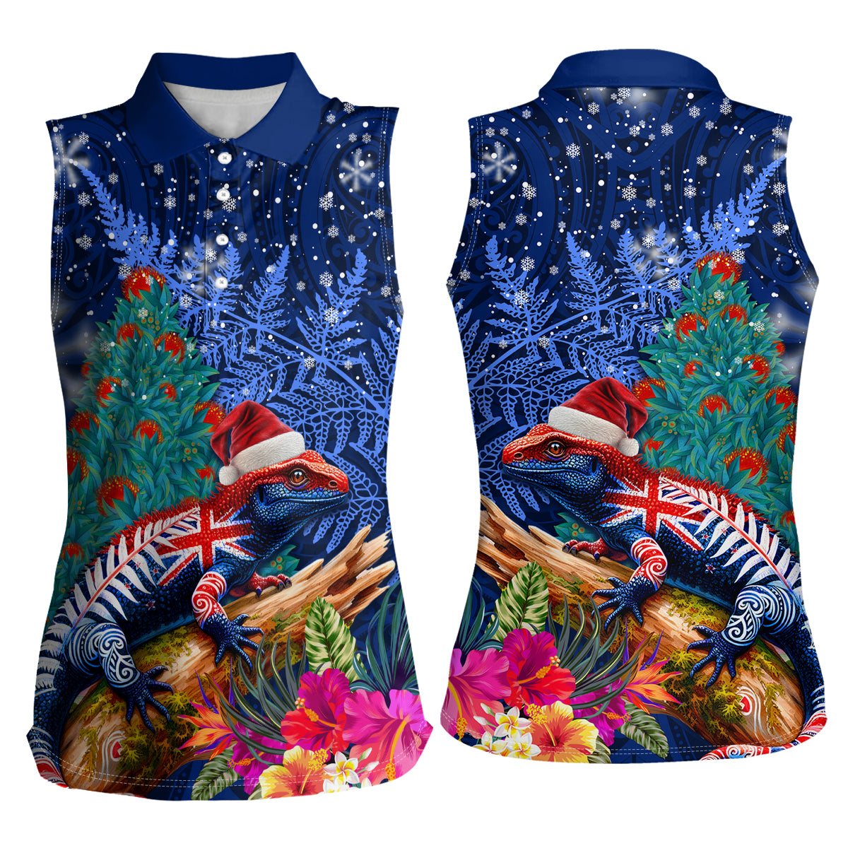 New Zealand Tuatara Christmas Women Sleeveless Polo Shirt Silver Fern and Xmas Pohutukawa Tree Blue Color LT03 - Polynesian Pride