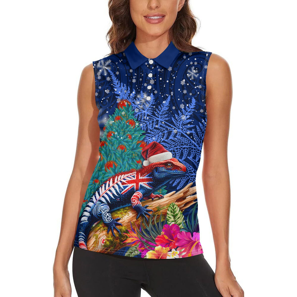 New Zealand Tuatara Christmas Women Sleeveless Polo Shirt Silver Fern and Xmas Pohutukawa Tree Blue Color LT03 - Polynesian Pride