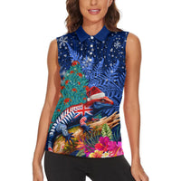 New Zealand Tuatara Christmas Women Sleeveless Polo Shirt Silver Fern and Xmas Pohutukawa Tree Blue Color LT03 - Polynesian Pride