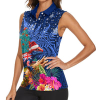 New Zealand Tuatara Christmas Women Sleeveless Polo Shirt Silver Fern and Xmas Pohutukawa Tree Blue Color LT03 - Polynesian Pride