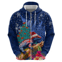 New Zealand Tuatara Christmas Zip Hoodie Silver Fern and Xmas Pohutukawa Tree Blue Color LT03 - Polynesian Pride