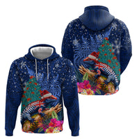 New Zealand Tuatara Christmas Zip Hoodie Silver Fern and Xmas Pohutukawa Tree Blue Color LT03 - Polynesian Pride