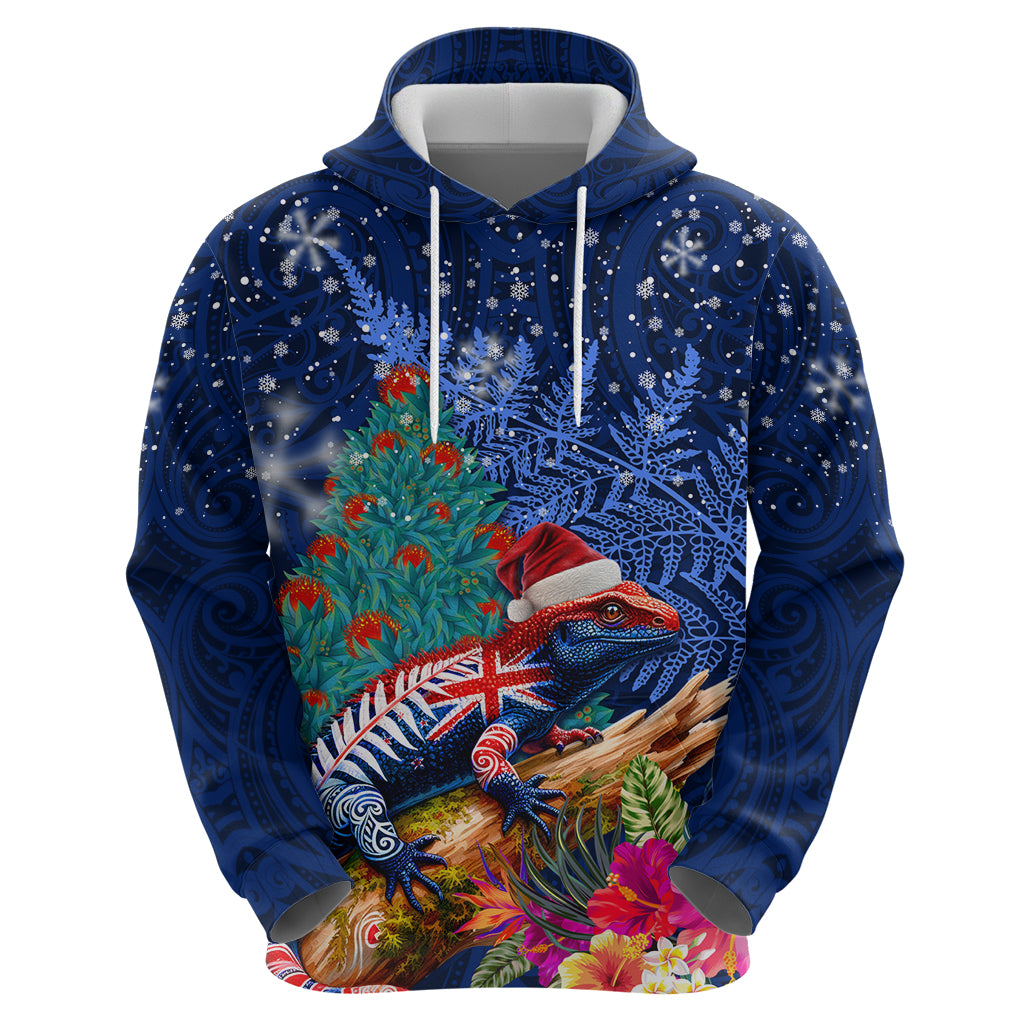 New Zealand Tuatara Christmas Zip Hoodie Silver Fern and Xmas Pohutukawa Tree Blue Color LT03 - Polynesian Pride