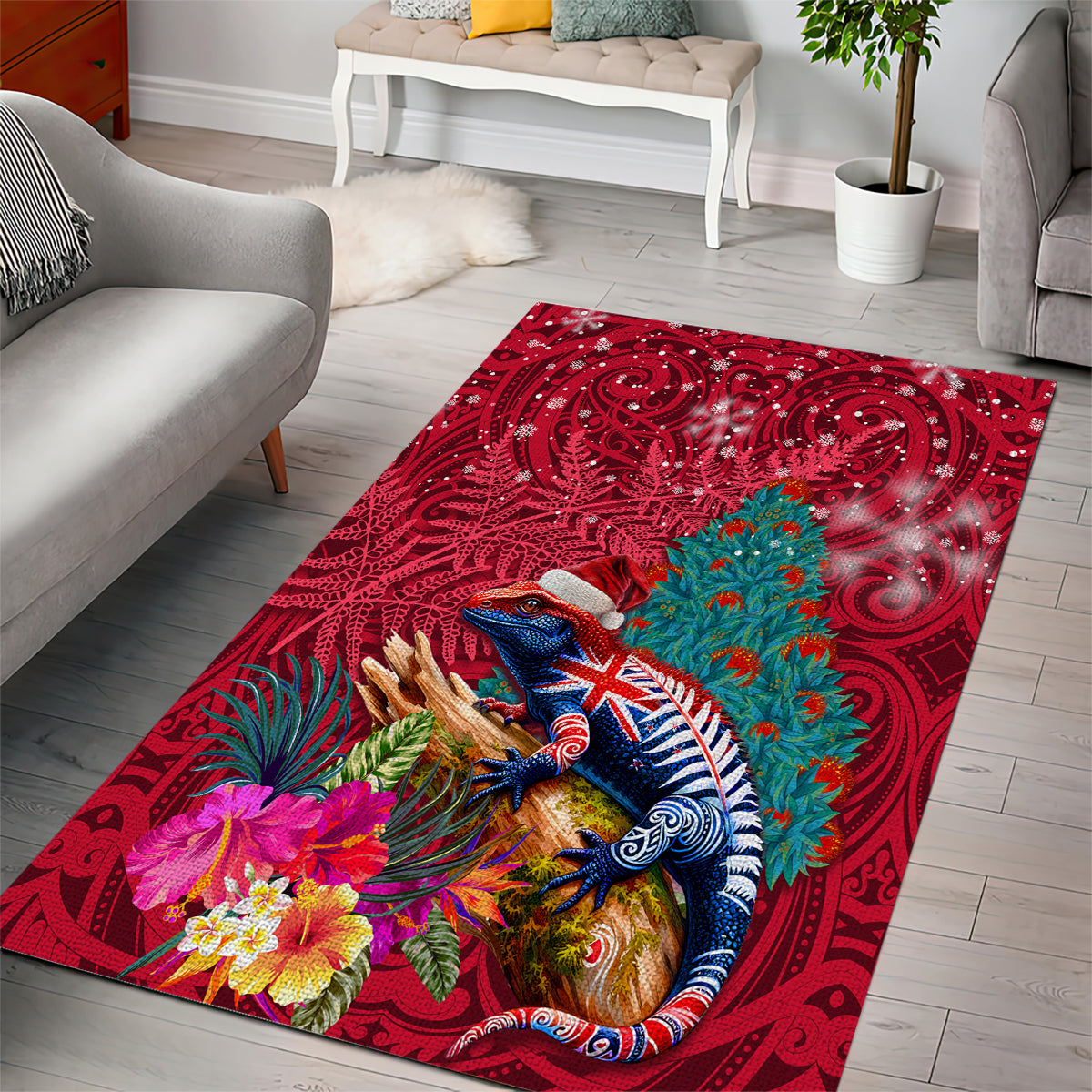 New Zealand Tuatara Christmas Area Rug Silver Fern and Xmas Pohutukawa Tree Red Color LT03 - Polynesian Pride