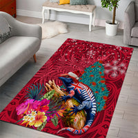 New Zealand Tuatara Christmas Area Rug Silver Fern and Xmas Pohutukawa Tree Red Color LT03 - Polynesian Pride