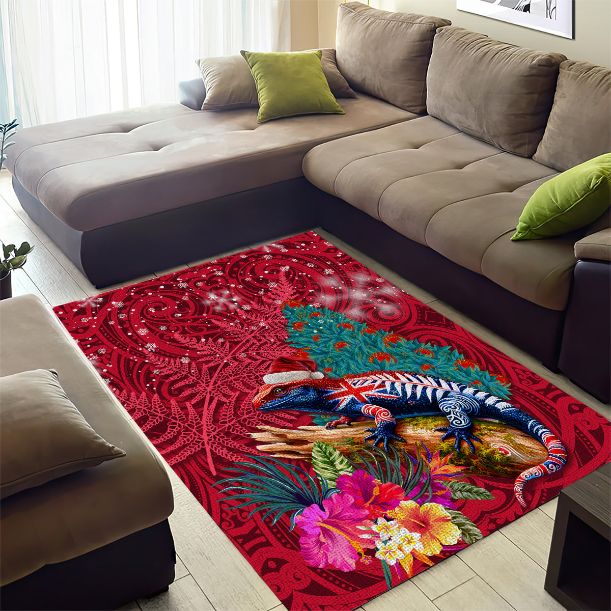 New Zealand Tuatara Christmas Area Rug Silver Fern and Xmas Pohutukawa Tree Red Color LT03 - Polynesian Pride