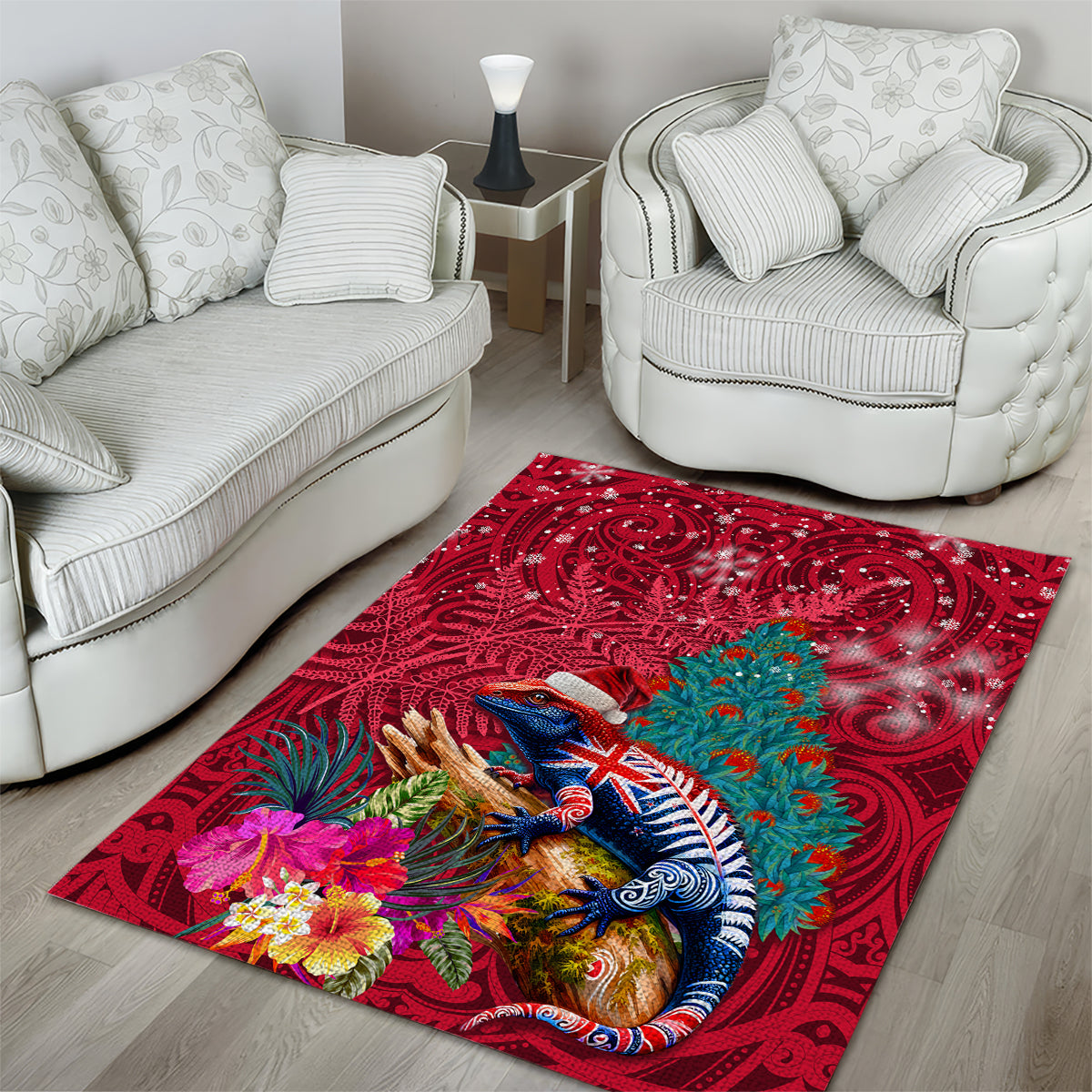 New Zealand Tuatara Christmas Area Rug Silver Fern and Xmas Pohutukawa Tree Red Color LT03 - Polynesian Pride