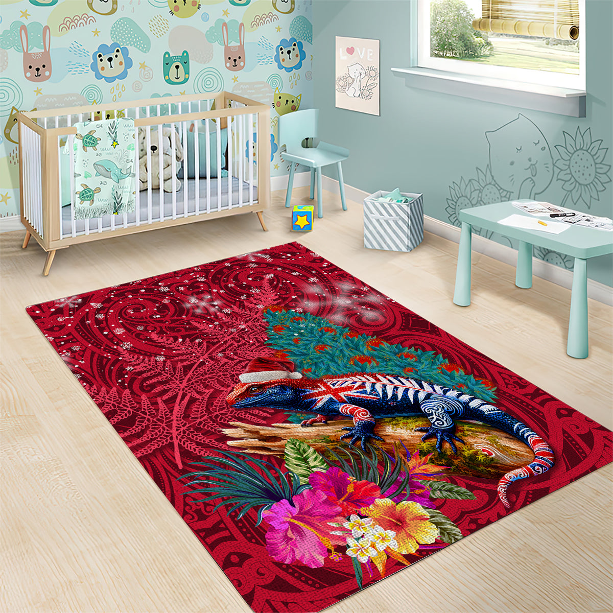 New Zealand Tuatara Christmas Area Rug Silver Fern and Xmas Pohutukawa Tree Red Color LT03 - Polynesian Pride