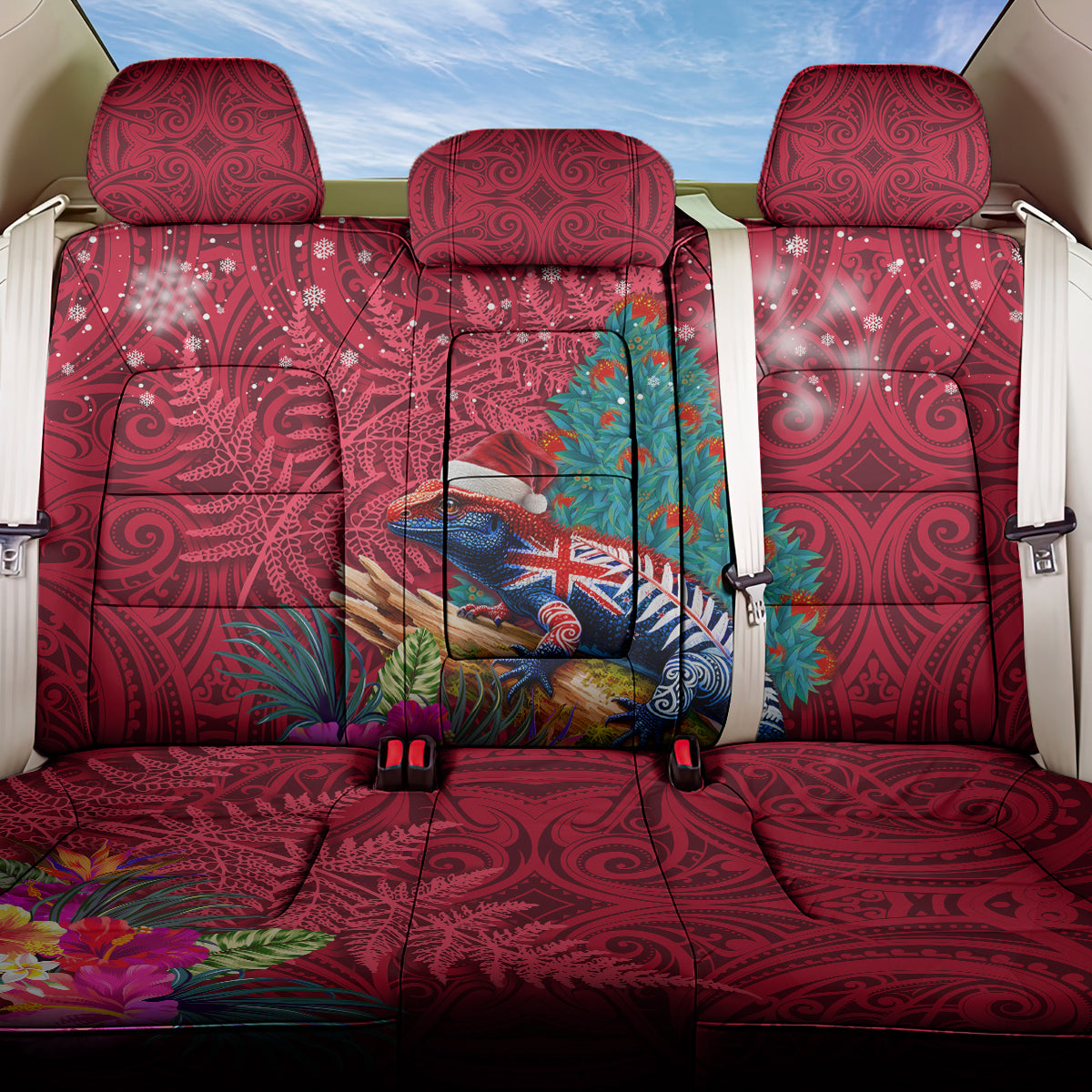 New Zealand Tuatara Christmas Back Car Seat Cover Silver Fern and Xmas Pohutukawa Tree Red Color LT03 One Size Red - Polynesian Pride