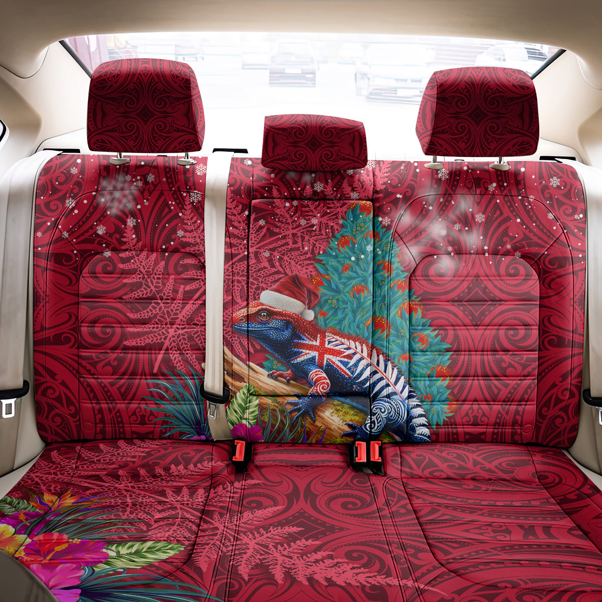 New Zealand Tuatara Christmas Back Car Seat Cover Silver Fern and Xmas Pohutukawa Tree Red Color LT03 - Polynesian Pride