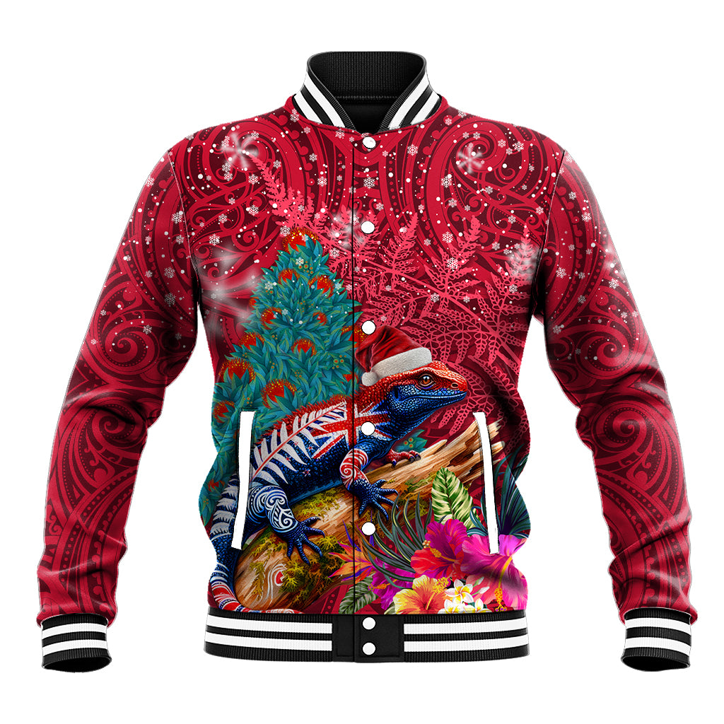 New Zealand Tuatara Christmas Baseball Jacket Silver Fern and Xmas Pohutukawa Tree Red Color LT03 Unisex Red - Polynesian Pride
