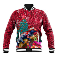 New Zealand Tuatara Christmas Baseball Jacket Silver Fern and Xmas Pohutukawa Tree Red Color LT03 Unisex Red - Polynesian Pride