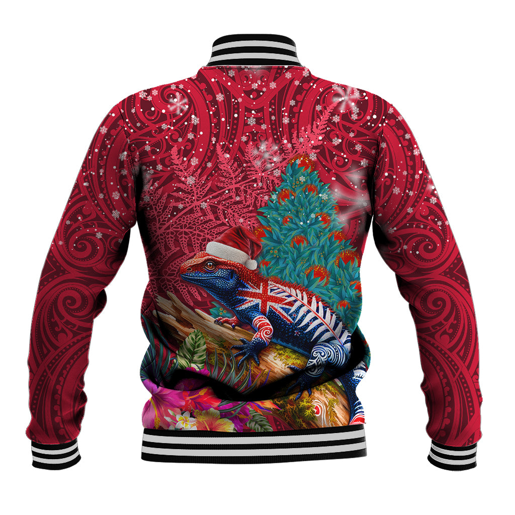 New Zealand Tuatara Christmas Baseball Jacket Silver Fern and Xmas Pohutukawa Tree Red Color LT03 - Polynesian Pride