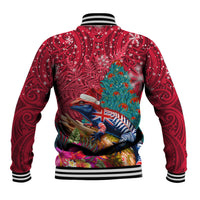 New Zealand Tuatara Christmas Baseball Jacket Silver Fern and Xmas Pohutukawa Tree Red Color LT03 - Polynesian Pride