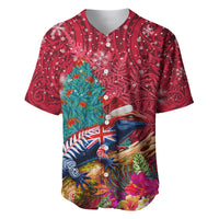 New Zealand Tuatara Christmas Baseball Jersey Silver Fern and Xmas Pohutukawa Tree Red Color LT03 Red - Polynesian Pride