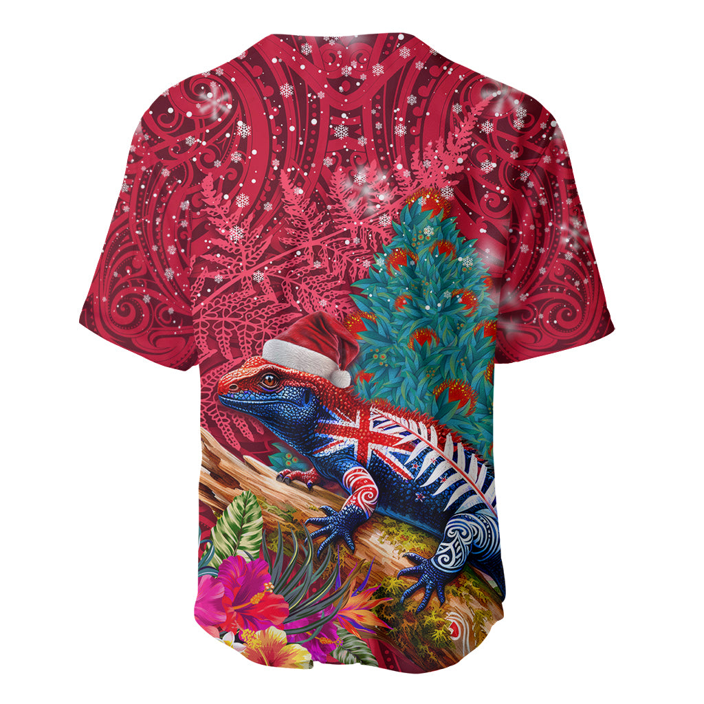 New Zealand Tuatara Christmas Baseball Jersey Silver Fern and Xmas Pohutukawa Tree Red Color LT03 - Polynesian Pride