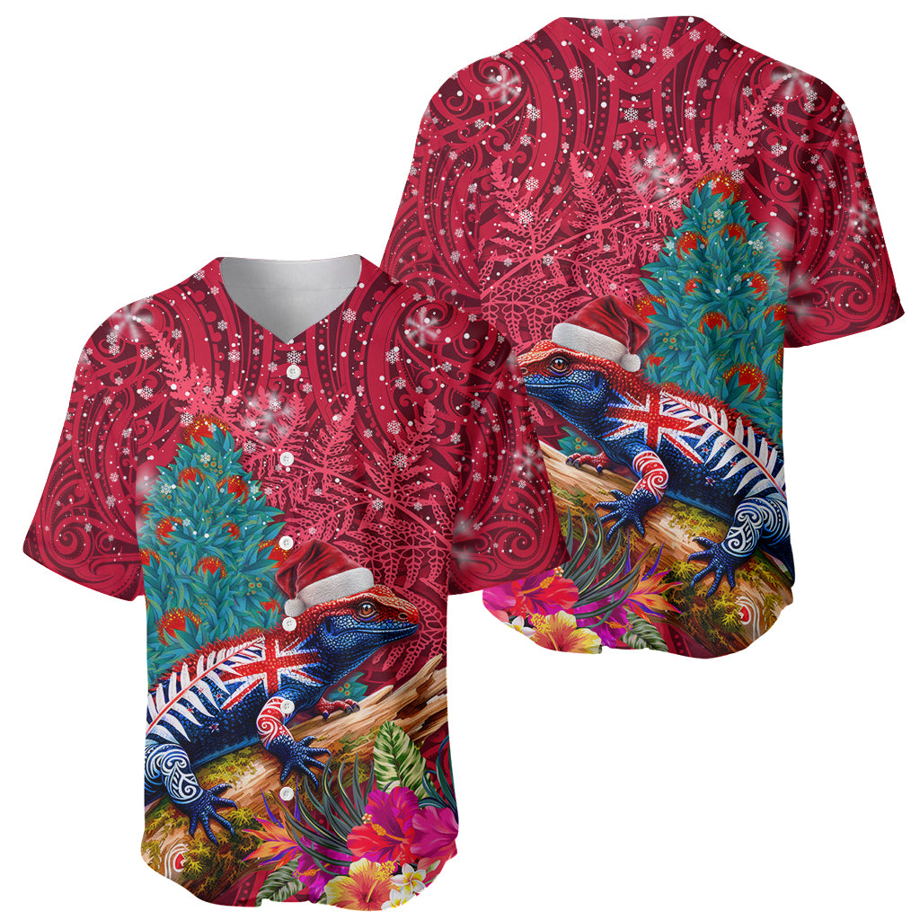 New Zealand Tuatara Christmas Baseball Jersey Silver Fern and Xmas Pohutukawa Tree Red Color LT03 - Polynesian Pride
