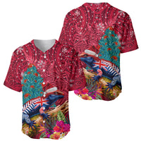 New Zealand Tuatara Christmas Baseball Jersey Silver Fern and Xmas Pohutukawa Tree Red Color LT03 - Polynesian Pride