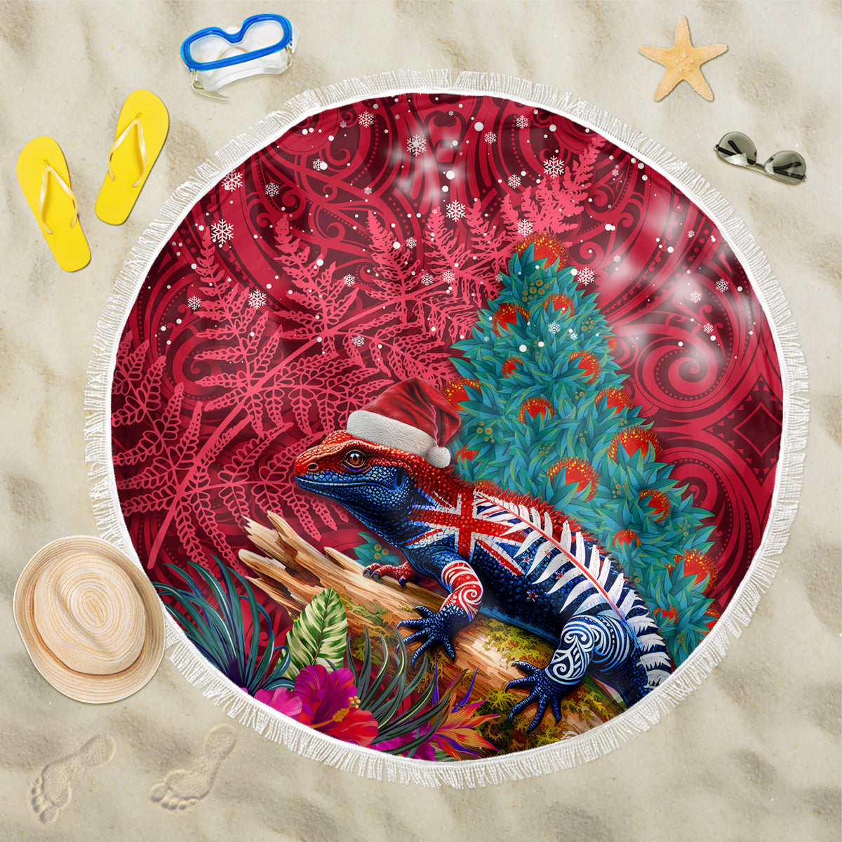 New Zealand Tuatara Christmas Beach Blanket Silver Fern and Xmas Pohutukawa Tree Red Color LT03 One Size 150cm Red - Polynesian Pride