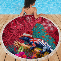 New Zealand Tuatara Christmas Beach Blanket Silver Fern and Xmas Pohutukawa Tree Red Color LT03 - Polynesian Pride
