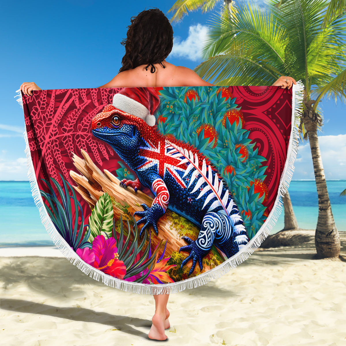 New Zealand Tuatara Christmas Beach Blanket Silver Fern and Xmas Pohutukawa Tree Red Color LT03 - Polynesian Pride