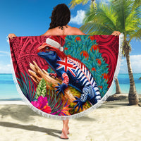 New Zealand Tuatara Christmas Beach Blanket Silver Fern and Xmas Pohutukawa Tree Red Color LT03 - Polynesian Pride