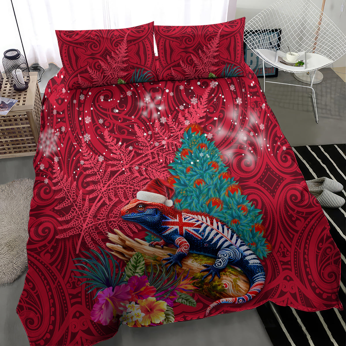 New Zealand Tuatara Christmas Bedding Set Silver Fern and Xmas Pohutukawa Tree Red Color LT03 - Polynesian Pride