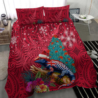 New Zealand Tuatara Christmas Bedding Set Silver Fern and Xmas Pohutukawa Tree Red Color LT03 - Polynesian Pride