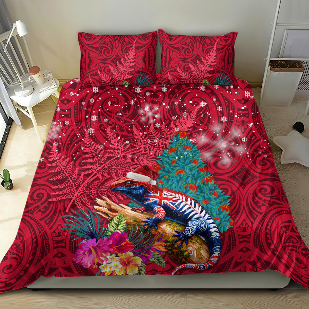 New Zealand Tuatara Christmas Bedding Set Silver Fern and Xmas Pohutukawa Tree Red Color LT03 - Polynesian Pride