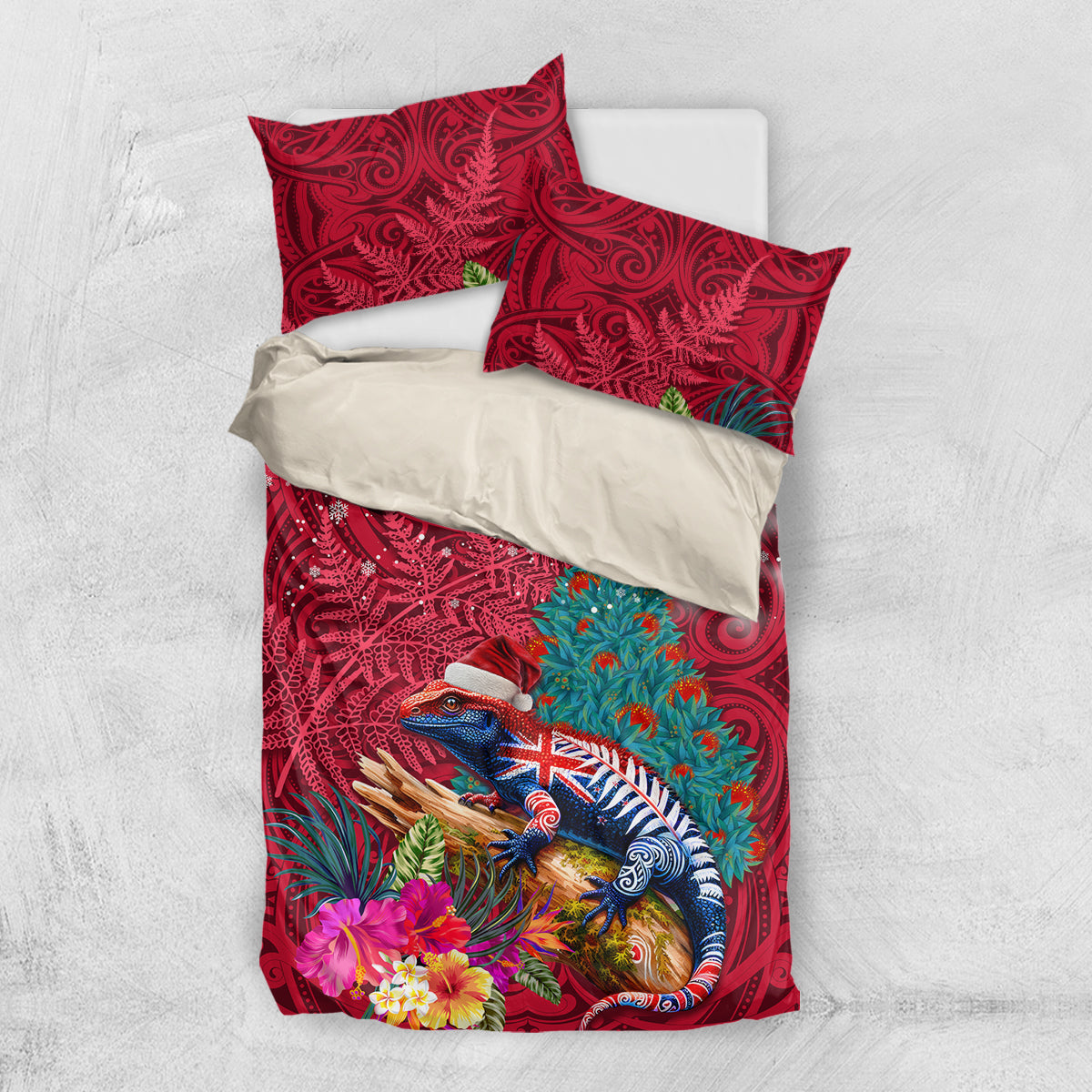 New Zealand Tuatara Christmas Bedding Set Silver Fern and Xmas Pohutukawa Tree Red Color LT03 US Twin 172cm x 218cm Red - Polynesian Pride