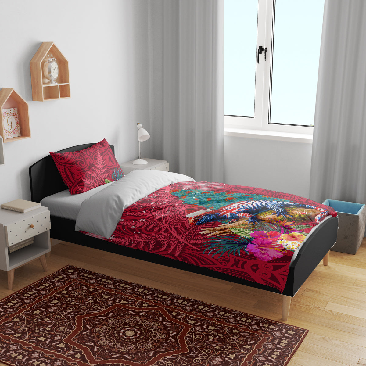 New Zealand Tuatara Christmas Bedding Set Silver Fern and Xmas Pohutukawa Tree Red Color LT03 - Polynesian Pride