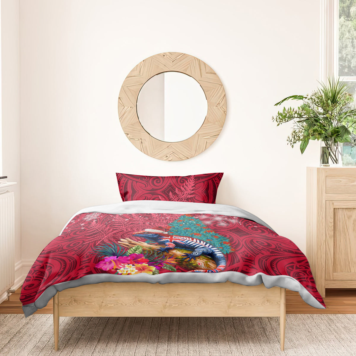 New Zealand Tuatara Christmas Bedding Set Silver Fern and Xmas Pohutukawa Tree Red Color LT03 - Polynesian Pride