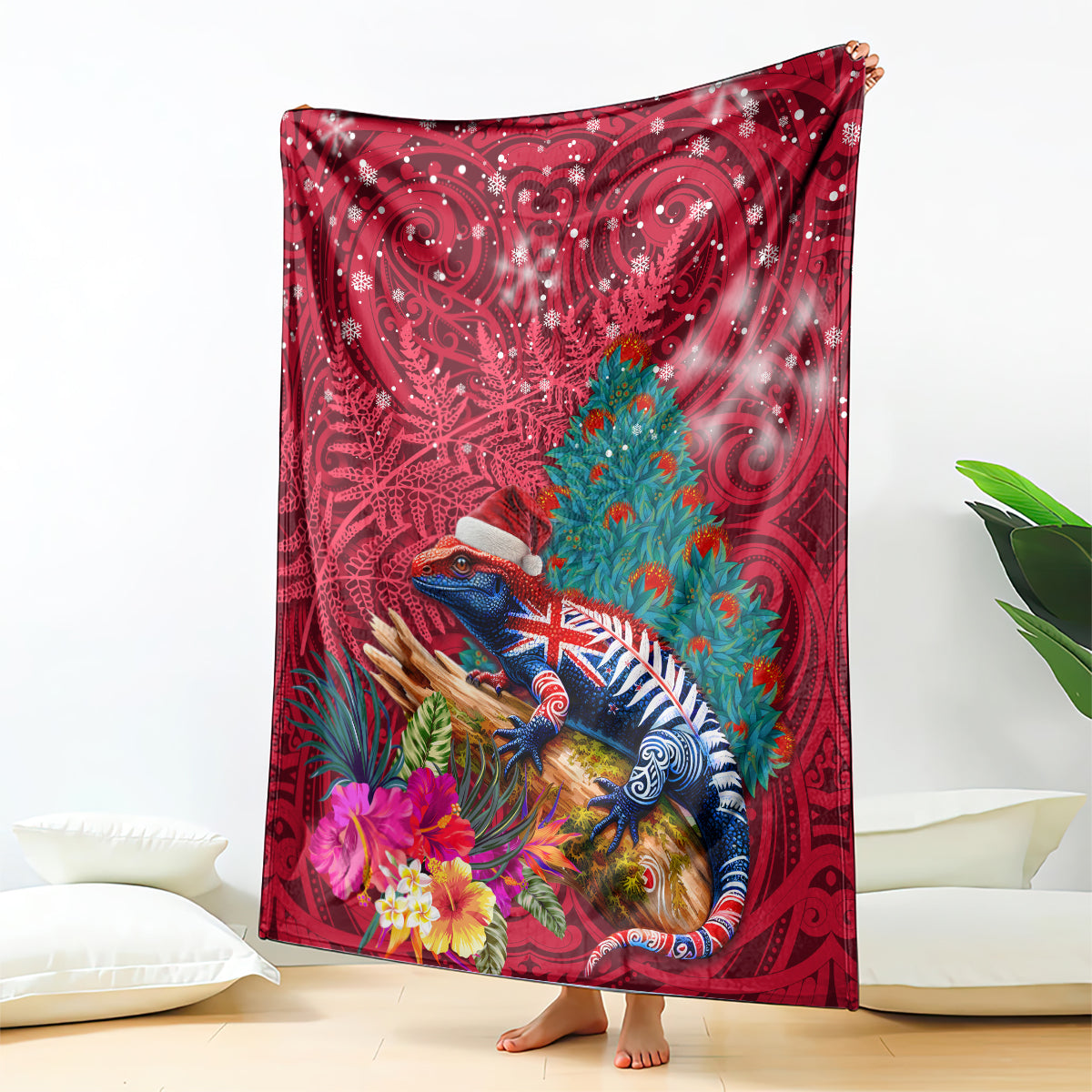 New Zealand Tuatara Christmas Blanket Silver Fern and Xmas Pohutukawa Tree Red Color LT03 - Polynesian Pride