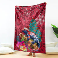 New Zealand Tuatara Christmas Blanket Silver Fern and Xmas Pohutukawa Tree Red Color LT03 - Polynesian Pride