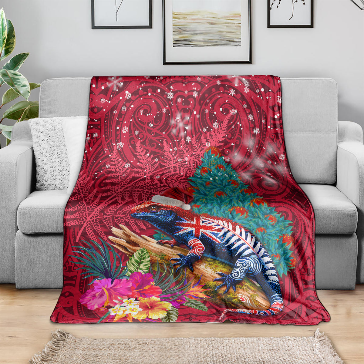 New Zealand Tuatara Christmas Blanket Silver Fern and Xmas Pohutukawa Tree Red Color LT03 - Polynesian Pride