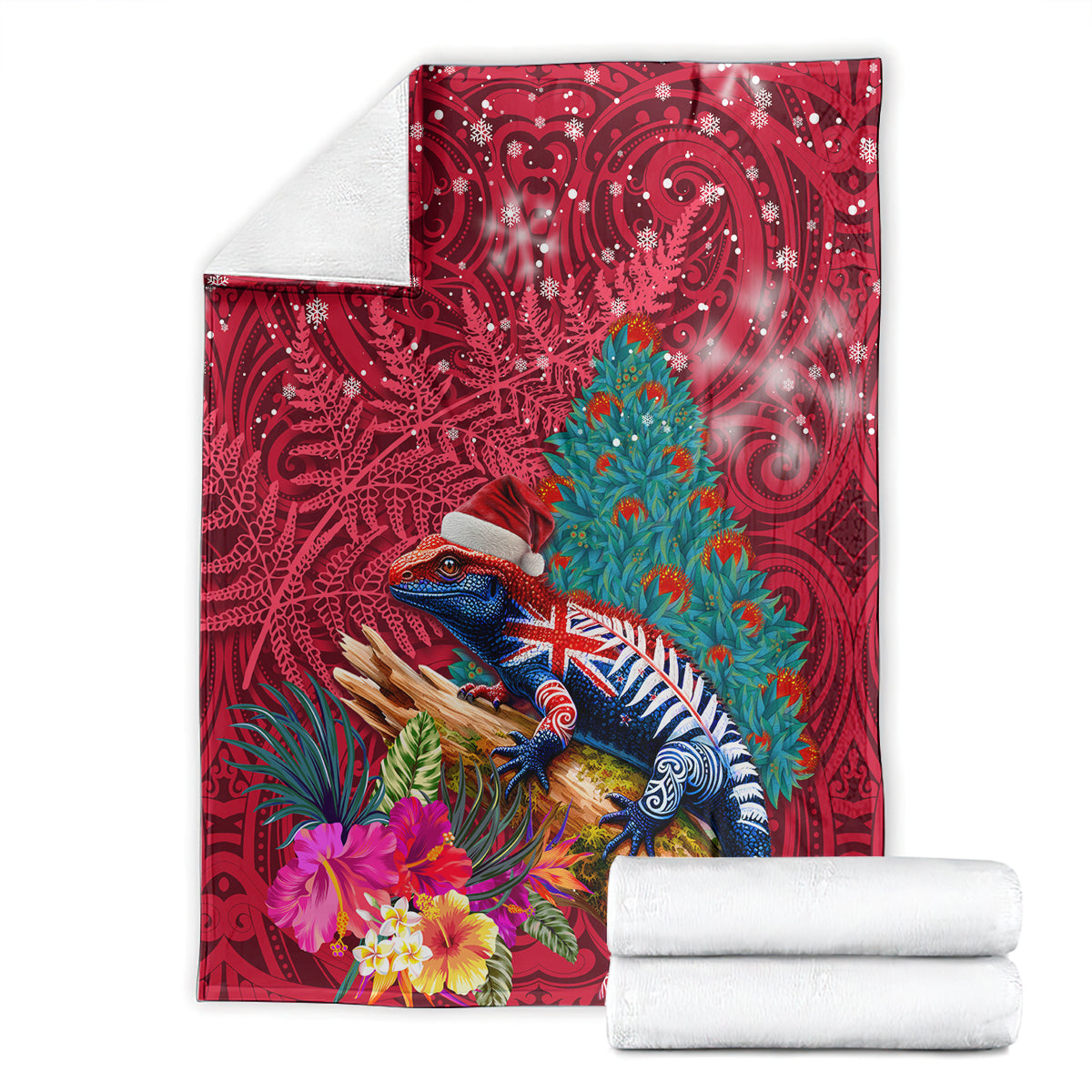 New Zealand Tuatara Christmas Blanket Silver Fern and Xmas Pohutukawa Tree Red Color LT03 - Polynesian Pride