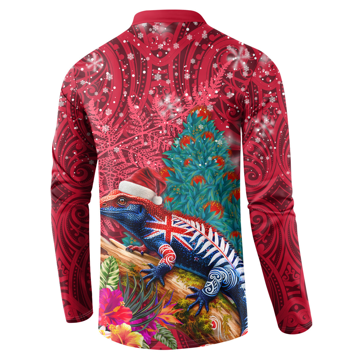 New Zealand Tuatara Christmas Button Sweatshirt Silver Fern and Xmas Pohutukawa Tree Red Color LT03 - Polynesian Pride